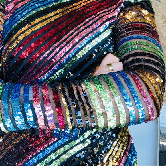 ALCOOLIQUE Peyton Tubolar Black Rainbow Stripe Sequin Mesh Mini Backless Dress 4 - Picture 2 of 8